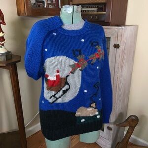 Vintage 70s Pinwheels Blue Santa Clause & Reindeer Sleigh Knit Christmas Sweater